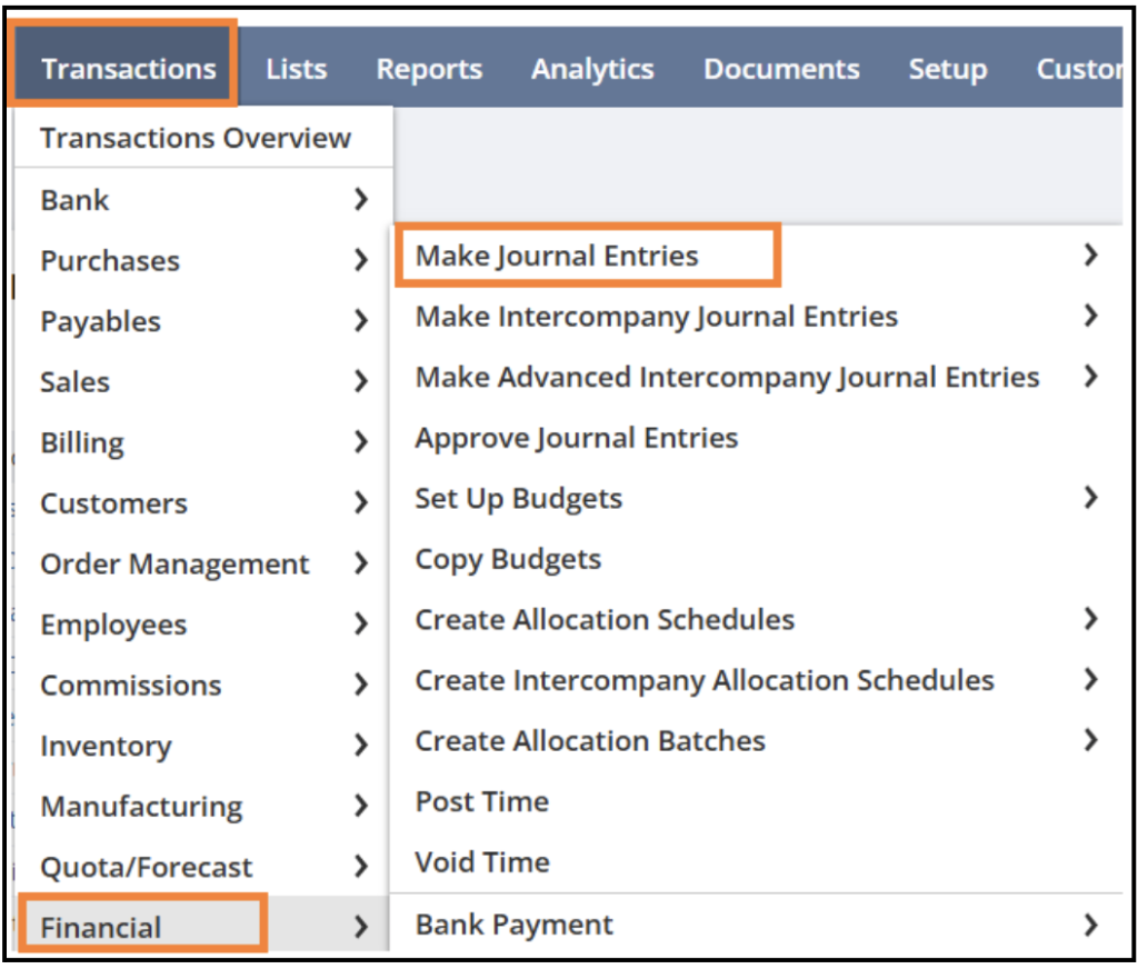 NetSuite journal entry