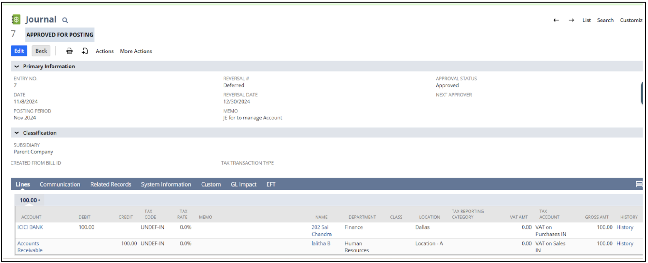 NetSuite journal entry