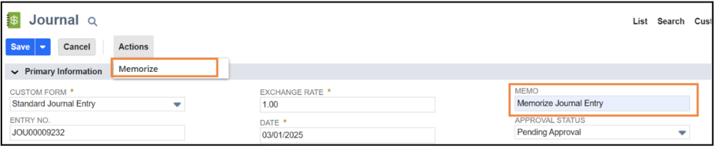 netsuite memorized transactions