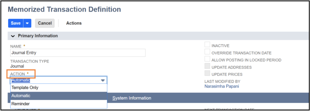 netsuite memorized transactions