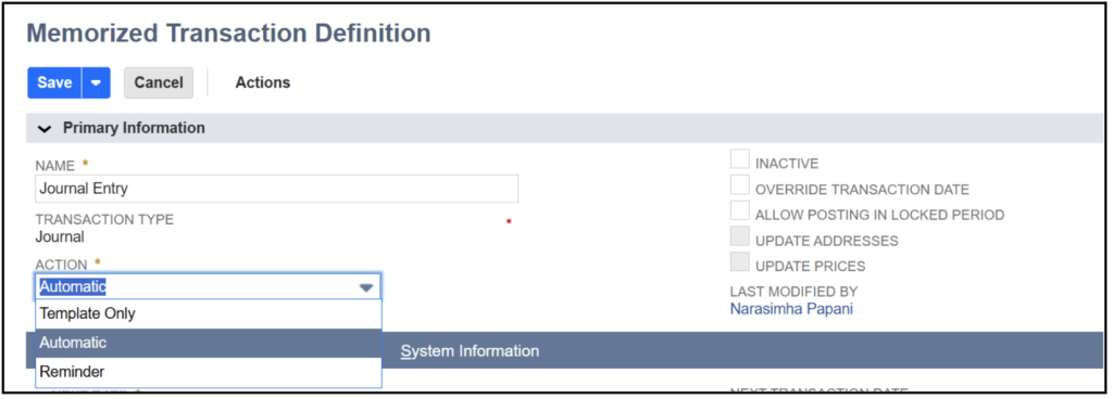 netsuite memorized transactions